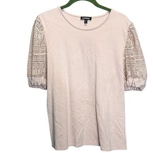 Express Womens Blush Pink Crochet Lace Puff Sleeve Scoop Neck Knit Top Medium